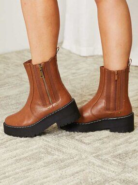 Chestnut Brown Platform Ankle Boots | Side Zip Lug Sole